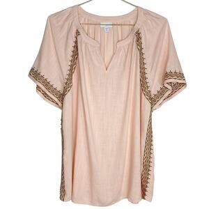 J. Jill Womens Embroidered Blouse Top Peach Orange Linen Blend Petite Sz XLP